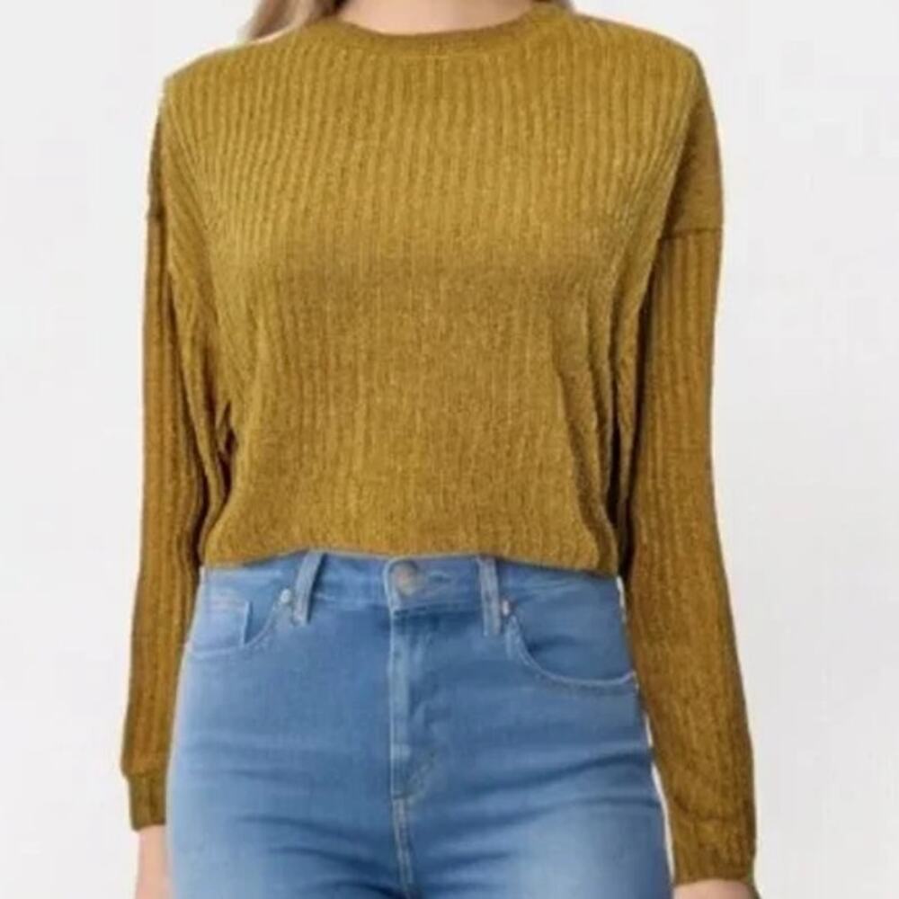 Band of the Free Gold Russel Velvet Knit Ribbed LS Cropped Sweater Small